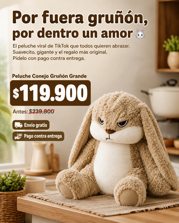 Peluche Conejo Gruñón grande, cara enojada, orejas largas, tierno para regalar